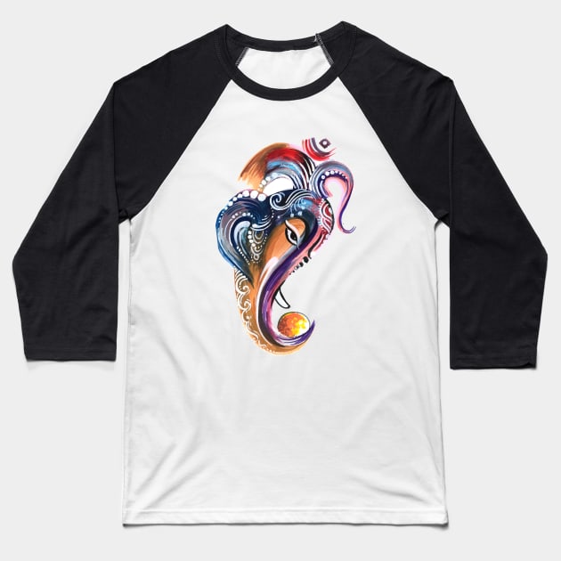 Elephant Head Watercolor Baseball T-Shirt by Mako Design 